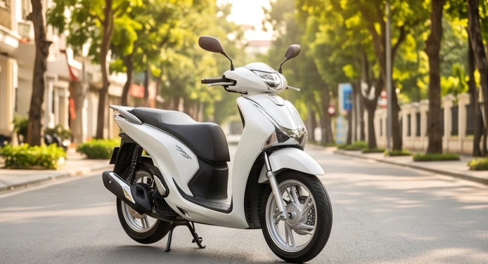 Chiếc xe máy tay ga màu trắng ngọc trai thanh lịch dựng trên phố đô thị dành cho người Quý Hợi