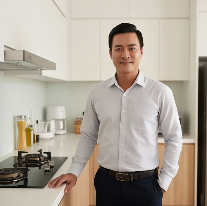 Người trụ cột trong gia đình đứng quan sát không gian nhà bếp đồng nhất theo cung mệnh của người chồng