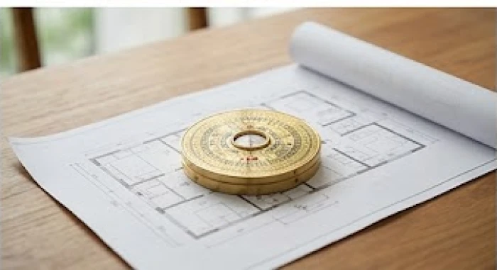 La bàn phong thủy bằng đồng được đặt cẩn thận trên bản vẽ thiết kế kiến trúc ngôi nhà