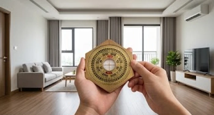 Gia chủ tuổi Nhâm Tuất sử dụng la bàn phong thủy định vị hướng cát lành cho cửa chính và phòng khách