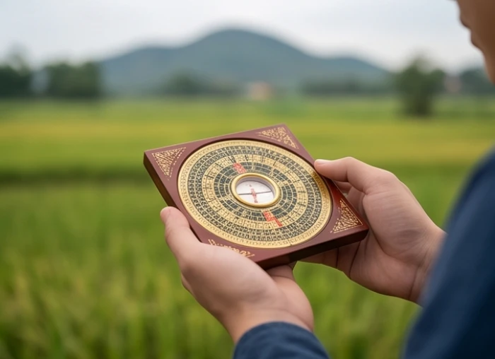 Gia chủ cẩn thận sử dụng chiếc la bàn để xác định phương hướng xuất hành đầu năm