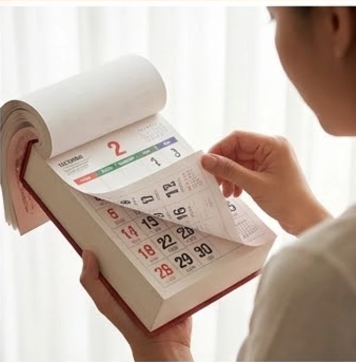 Bàn tay lật giở từng trang cuốn lịch vạn niên dày cộp để đối chiếu ngày sinh dương lịch tháng một sang ngày âm lịch tương ứng