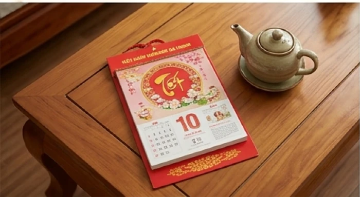 Cuốn lịch đỏ may mắn và ấm trà hoa đặt trang trọng trên bàn gỗ khi lên kế hoạch ngày dâu mùa thu đông