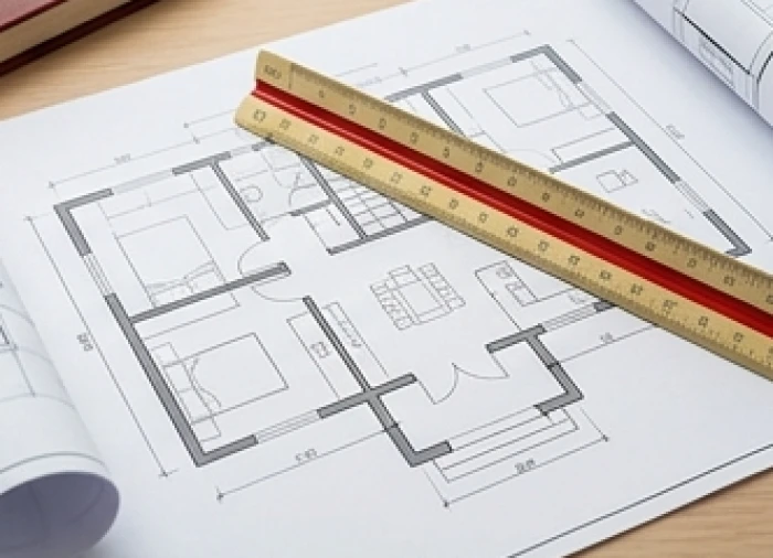 Bản vẽ thiết kế mặt bằng kiến trúc nhà ở kết hợp cùng thước lỗ ban phong thủy trên bàn