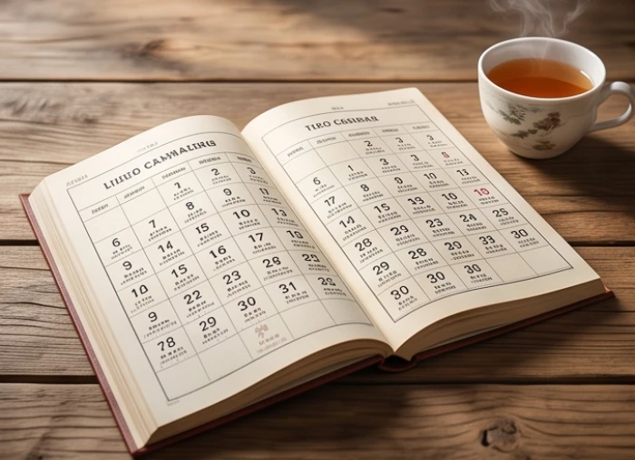 Cuốn lịch vạn sự mở ra trên bàn gỗ bên cạnh tách trà nóng để tra cứu ngày hoàng đạo động thổ
