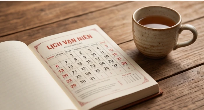 Quyển lịch vạn niên mờ ảo đặt cạnh tách trà gốm sứ trên bàn gỗ dưới ánh nắng ban mai rực rỡ