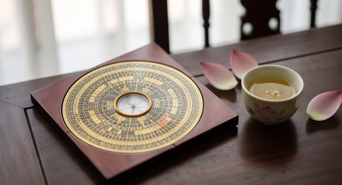 Chiếc la bàn phong thủy bằng gỗ đặt cạnh ly trà sen dùng để tra cứu sao hạn và hướng tốt trong năm mới