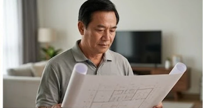Người đàn ông trụ cột gia đình đang xem bản vẽ thiết kế để chuẩn bị cho nghi thức động thổ xây nhà