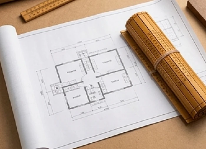 Bản vẽ thiết kế nhà ở và chiếc thước Lỗ Ban cuộn đặt trên mặt bàn gỗ thi công