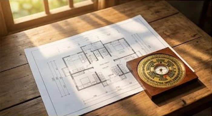Bản vẽ thiết kế nhà ở được đặt cạnh la bàn phong thủy trên chiếc bàn gỗ cổ
