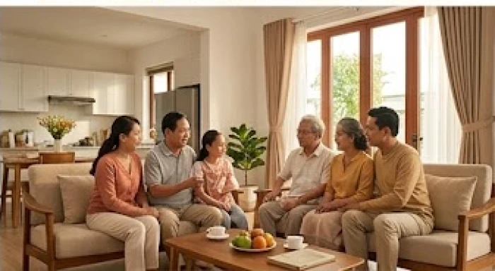 Gia đình đang quây quần vui vẻ trong không gian phòng khách của ngôi nhà mới hoàn thiện