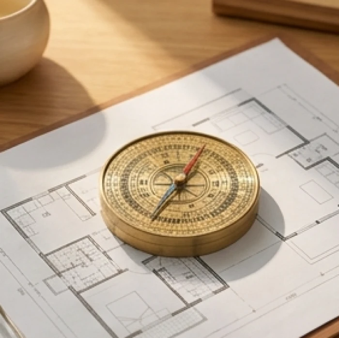 Chiếc la bàn phong thủy đặt trên bản vẽ mặt bằng nhà giúp xác định phương vị cung phi tương hợp
