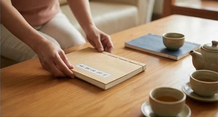 Bàn tay người vợ đặt cẩn thận cuốn sổ ghi chép ngũ hành tương sinh lên bàn trà gỗ phòng khách