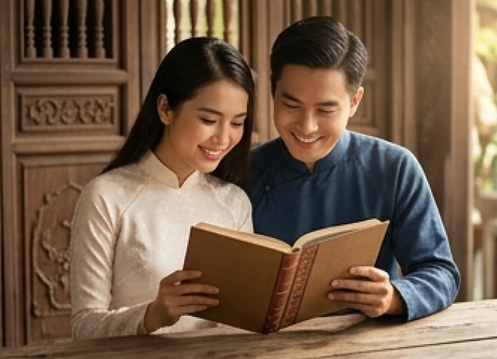 Hai vợ chồng cùng nhau xem danh sách tuổi kết hôn phù hợp để chuẩn bị cho tương lai