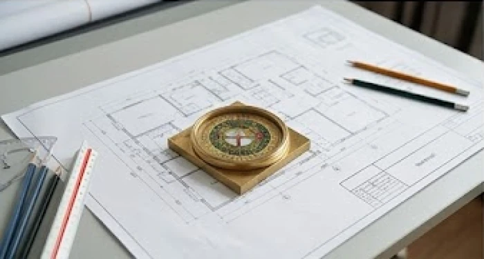 Bản vẽ thiết kế kiến trúc trải rộng trên bàn cùng chiếc la bàn phong thủy bằng đồng nguyên khối