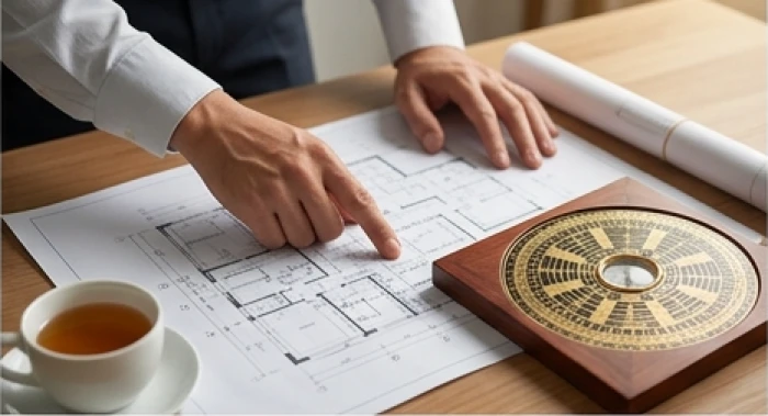 Gia chủ xem bản vẽ thiết kế nhà bên cạnh một bộ la bàn phong thủy và lịch vạn niên cho năm Đinh Mùi