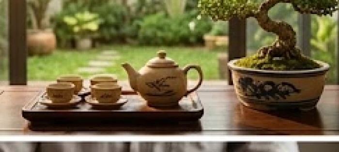 Chậu cây cảnh và bộ ấm trà bằng gốm sứ đặt trên bàn phòng khách hướng ra sân vườn