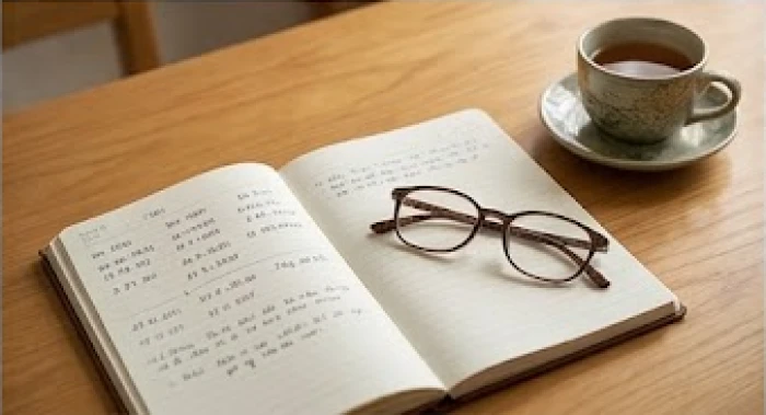 Cuốn sổ tay ghi chép cẩn thận các mốc thời gian quan trọng đặt cạnh chiếc kính lão và tách trà