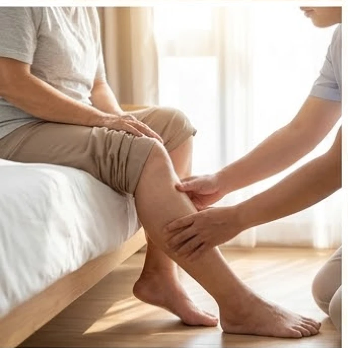 Người thân xoa bóp bắp chân và khớp gối nhẹ nhàng cho người lớn tuổi vào mỗi buổi sáng