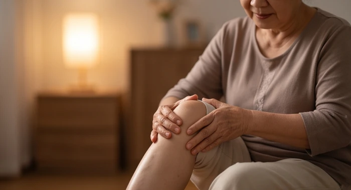 Người cao tuổi đang nhẹ nhàng xoa bóp khớp gối bằng dầu nóng để giảm đau nhức