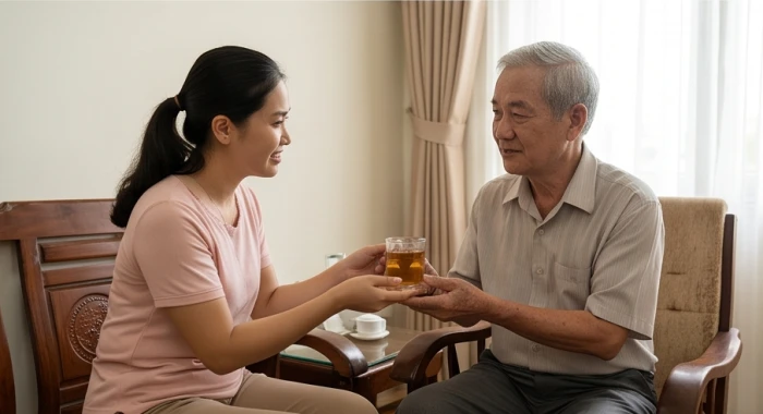 Người con lễ phép bằng hai tay dâng ly nước ấm xoa dịu ông bà tuổi Kỷ Sửu trong phòng khách