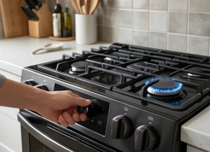 Cận cảnh núm vặn bếp ga đang được bật lên để chuẩn bị nấu nướng bữa ăn gia đình