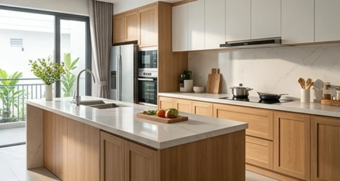 Gian bếp hiện đại được xoay về hướng Sinh Khí để chế ngự sát khí từ hướng cửa chính phạm hung