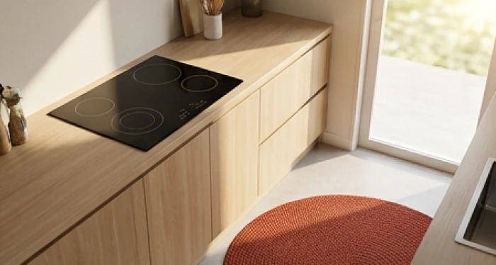 Khu vực bếp nấu hiện đại được định vị hướng Sinh Khí kết hợp thảm trải sàn màu đỏ tại cửa ra vào