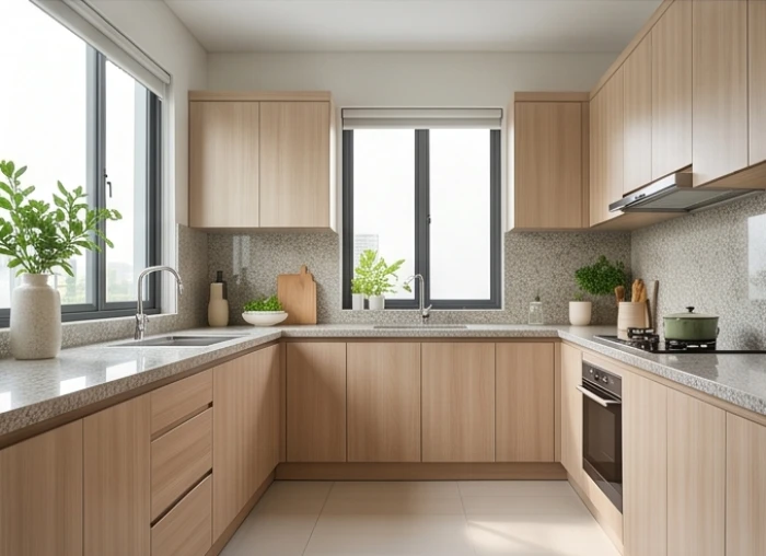 Không gian bếp hiện đại thiết kế hướng bếp chuẩn xác đón ánh sáng và thông thoáng cho căn hộ