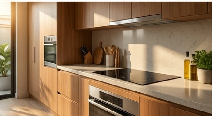 Khu vực bếp nấu hiện đại với bảng điều khiển cảm ứng của bếp từ được bố trí quay về phía hướng cát Thiên Y