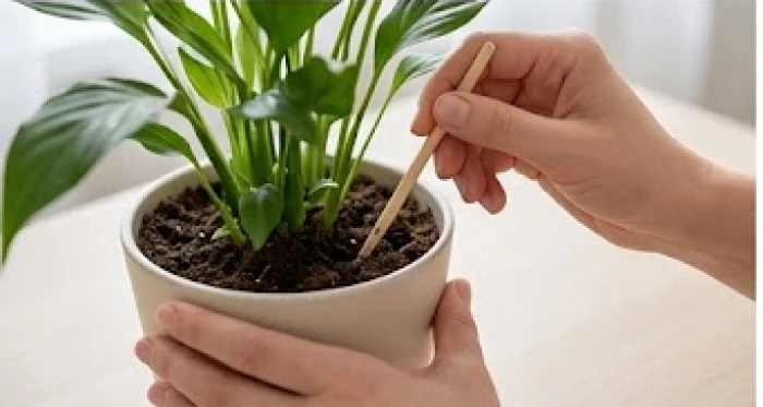 Dùng que gỗ nhỏ xọc sâu vào lớp đất mặt của chậu cây văn phòng để tạo lỗ thoát hơi ẩm