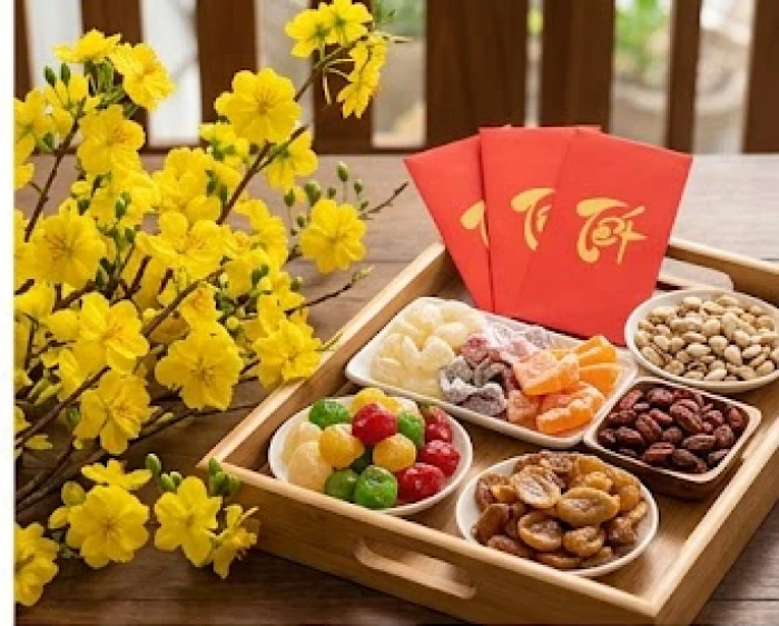 Cành hoa mai vàng khoe sắc rực rỡ và phong bao lì xì đỏ tươi đặt trên khay mứt Tết