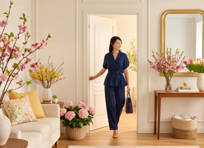 Một người khách mặc trang phục màu xanh dương bước vào phòng khách bừng sáng dịp đầu năm mới