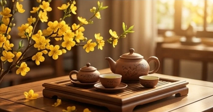 Khay trà truyền thống chuẩn bị đón khách xông nhà mang lại may mắn cho gia chủ bính ngọ 1966