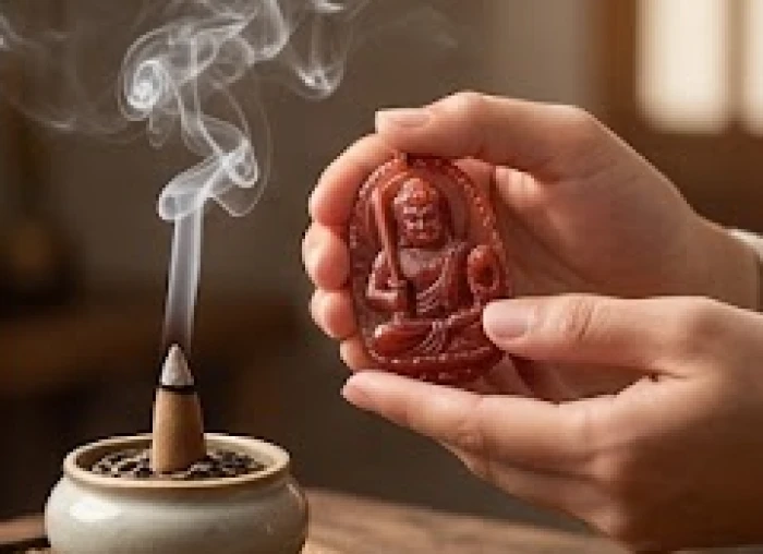 Hai tay cầm mặt đá Phật Bất Động Minh Vương hơ nhẹ qua làn khói nụ trầm hương tự nhiên trong lư sứ nhỏ