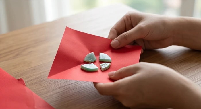 Các mảnh vỡ của mặt dây chuyền phong thủy được gói cẩn thận trong mảnh giấy màu đỏ