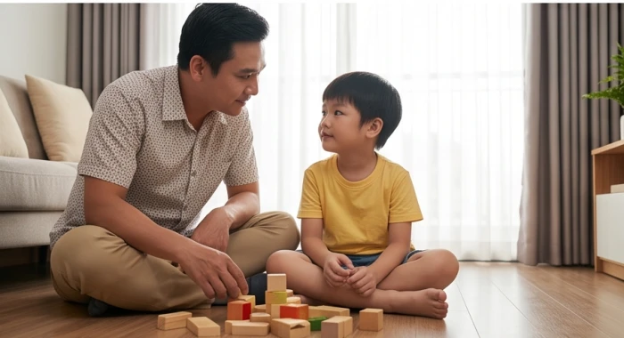 Người cha kiên nhẫn ngồi ngang tầm mắt đợi bé trai tuổi Mậu Tuất bình tĩnh bên những khối xếp hình trên sàn