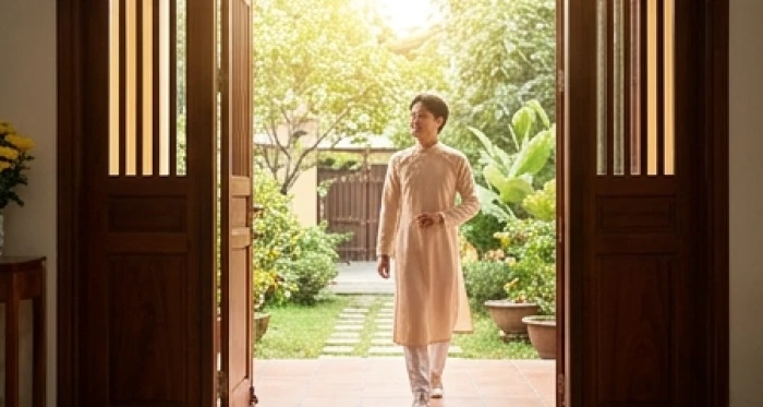 Người tuổi Bính Tuất trong trang phục tươi sáng rạng rỡ bước ra khỏi cửa xuất hành đón cát khí sáng mùng 1 Tết