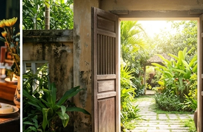 Cánh cửa gỗ mở rộng đón ánh nắng rực rỡ của buổi sáng đầu xuân năm mới