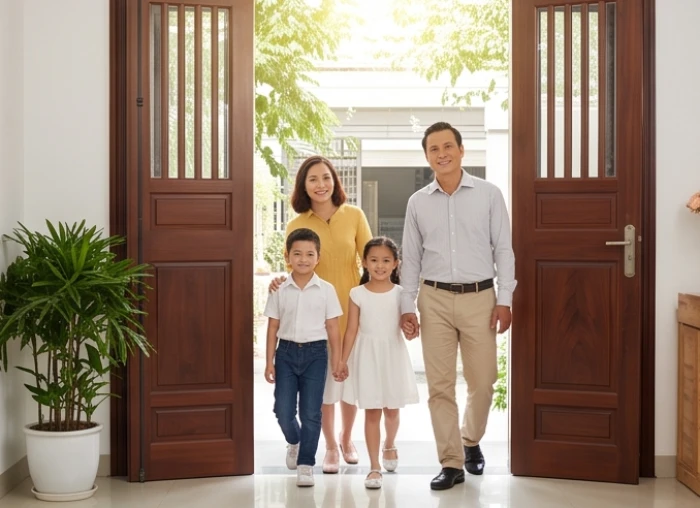 Gia đình mặc trang phục đẹp bước ra khỏi cổng nhà trong ánh nắng sớm của ngày mùng 1 Tết