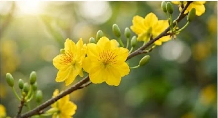 Cành mai vàng khoe sắc dưới nắng sớm tượng trưng cho khởi đầu thuận lợi khi xuất hành vào ngày đầu năm mới