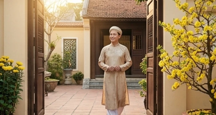Người Việt mặc trang phục lịch sự xuất hành đầu xuân dưới ánh nắng dịu nhẹ của buổi sáng mùng một Tết