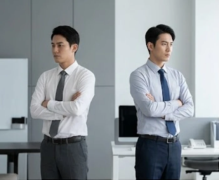 Hai người đàn ông đứng đối diện với tư thế căng thẳng trong văn phòng thể hiện xung đột giữa nhân viên và cấp trên