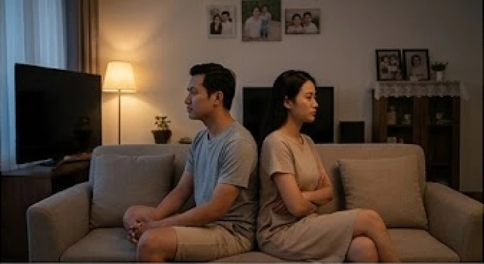 Hai vợ chồng ngồi quay lưng lại với nhau trên ghế sofa bộc lộ sự xa cách do thiếu giao tiếp thẳng thắn