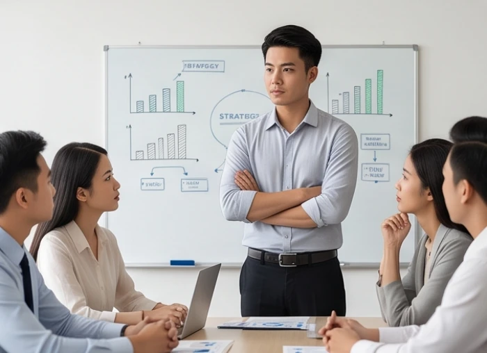 Ngôn ngữ cơ thể khoanh tay và nét mặt căng thẳng khi tranh luận cho thấy sự phòng vệ trong làm việc nhóm