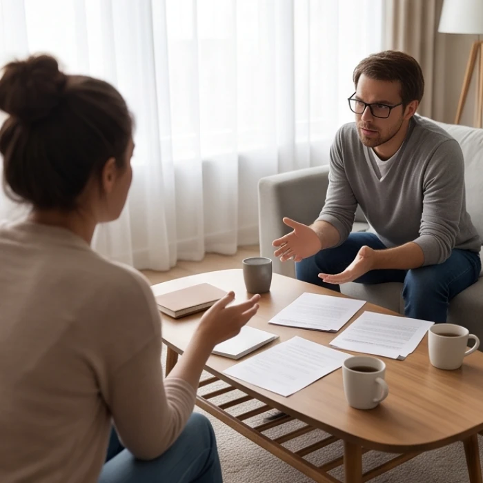 Hai người đang ngồi thảo luận căng thẳng với những tờ giấy ghi chú trên bàn cà phê