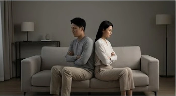Cặp đôi ngồi quay lưng lại với nhau trên ghế sofa trong phòng khách thể hiện sự căng thẳng và rào cản giao tiếp