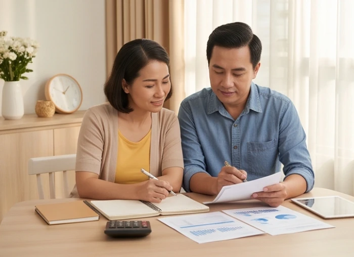 Hai vợ chồng tuổi Sửu và Ngọ ngồi cân nhắc kế hoạch tài chính gia đình bên bàn làm việc