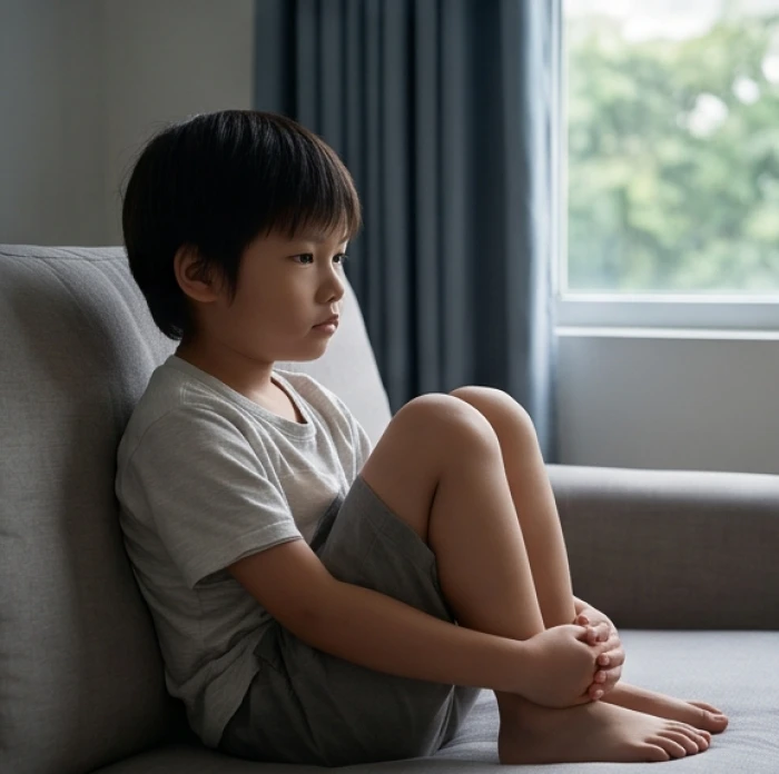 Trẻ nhỏ ngồi thu mình với nét mặt đăm chiêu suy nghĩ khi chưa thể giải tỏa được cảm xúc