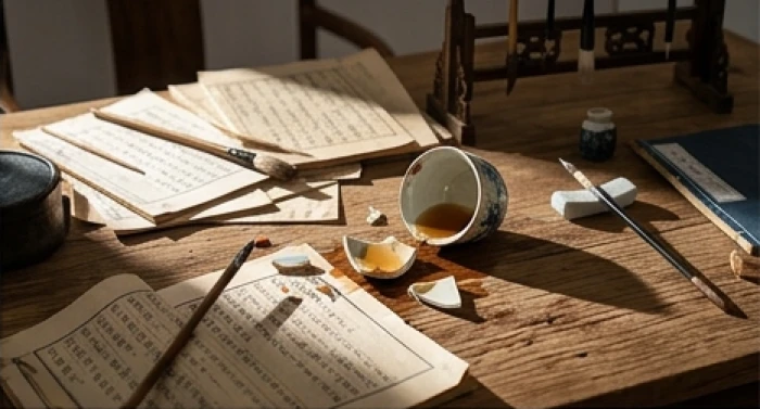 Những tập hồ sơ và giấy tờ quan trọng bị xáo trộn lộn xộn trên bàn làm việc bằng gỗ
